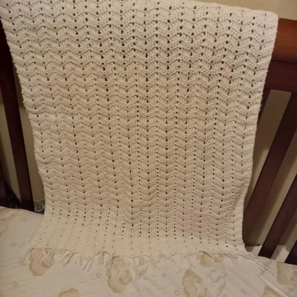 Handcrafted White baby toddler blanket with fringe